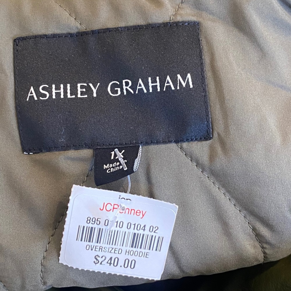 Ashley Graham Faux Leather Bomber Jacket Women 1X Green Faux Fur Hood Oversized - Picture 3 of 7